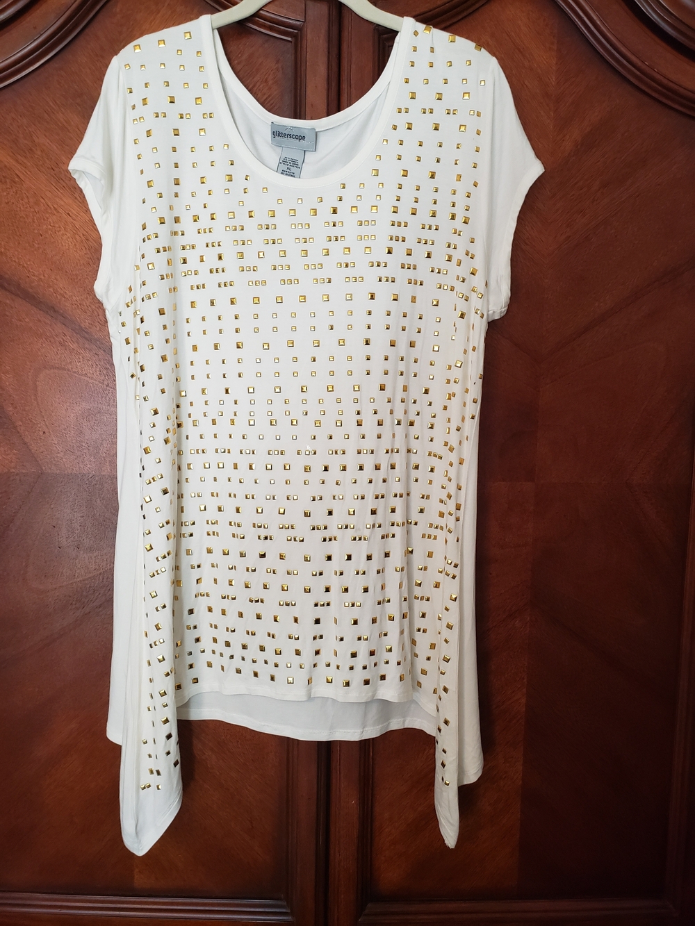 ** 4 For $15 **  Glitterscope White Short-Sleeve Tunic with Gold Studs